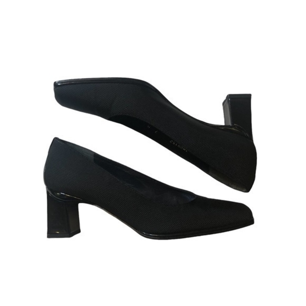 Stuart Weitzman black fabric pumps with chunky patent heels